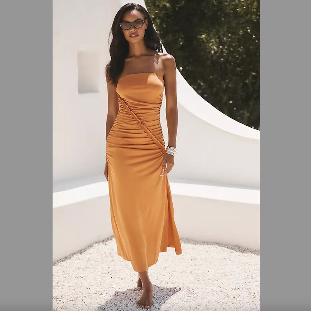 Anthropologie Orange (Mango) Ruched Tube Dress, Size M